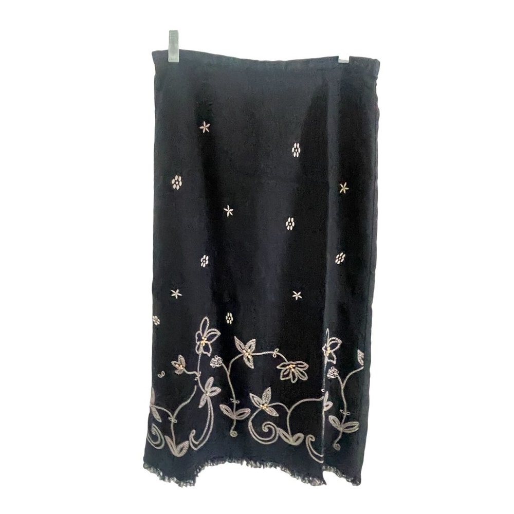 Requirements Womens Black Linen Maxi Skirt Fringe Beaded Floral Boho Medium